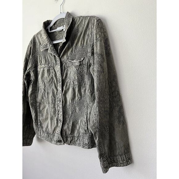 Chicos Jacket Womens Medium Green Embroidered Button Down Textured Pockets Boho - Picture 6 of 13